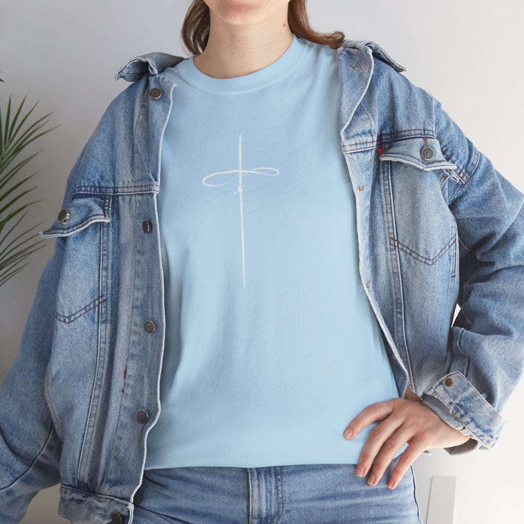 Light Blue Minimalistic Cross Womens Christian TShirt model 2