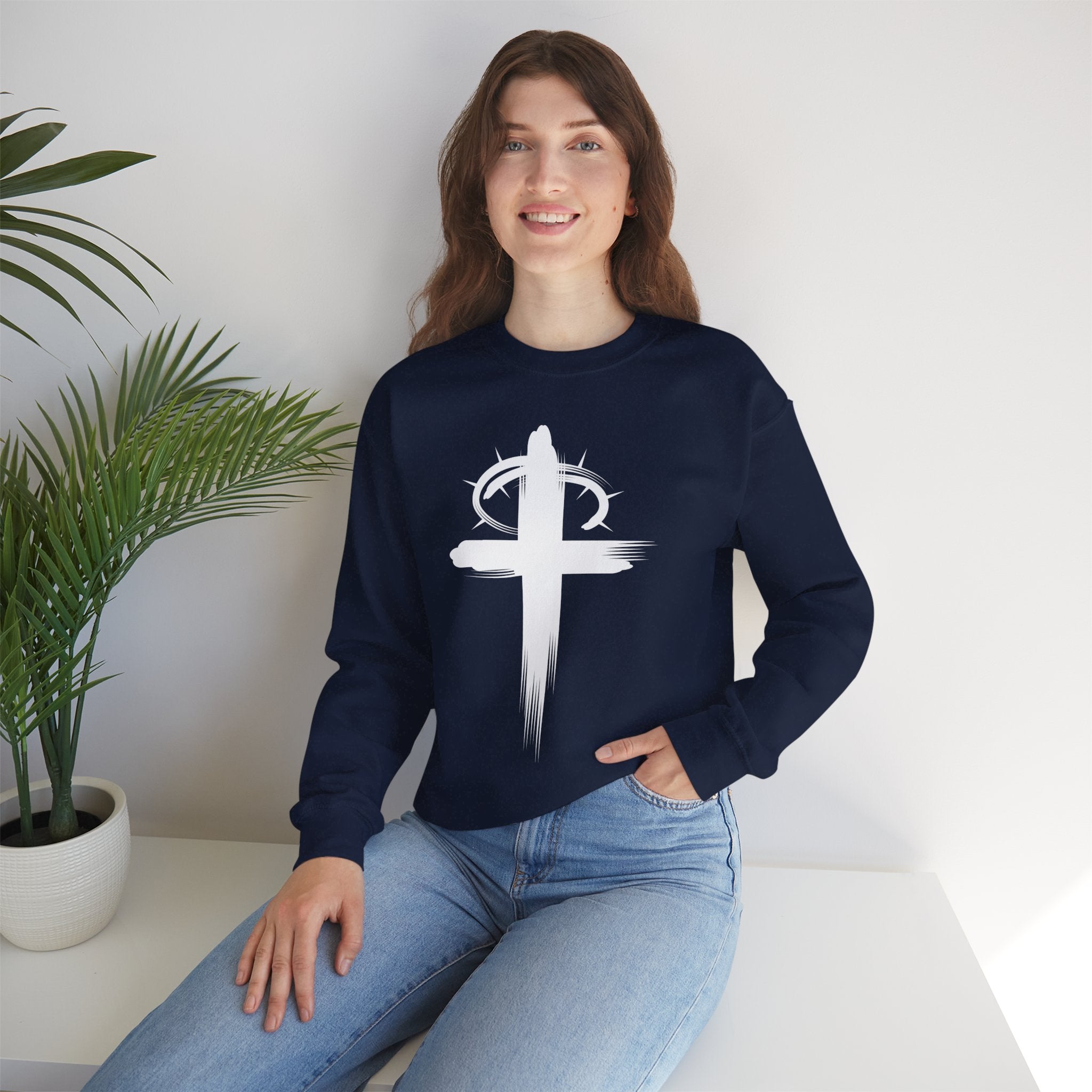 Navy Crown of Thornes Christ Crewneck sweatshirt model 3