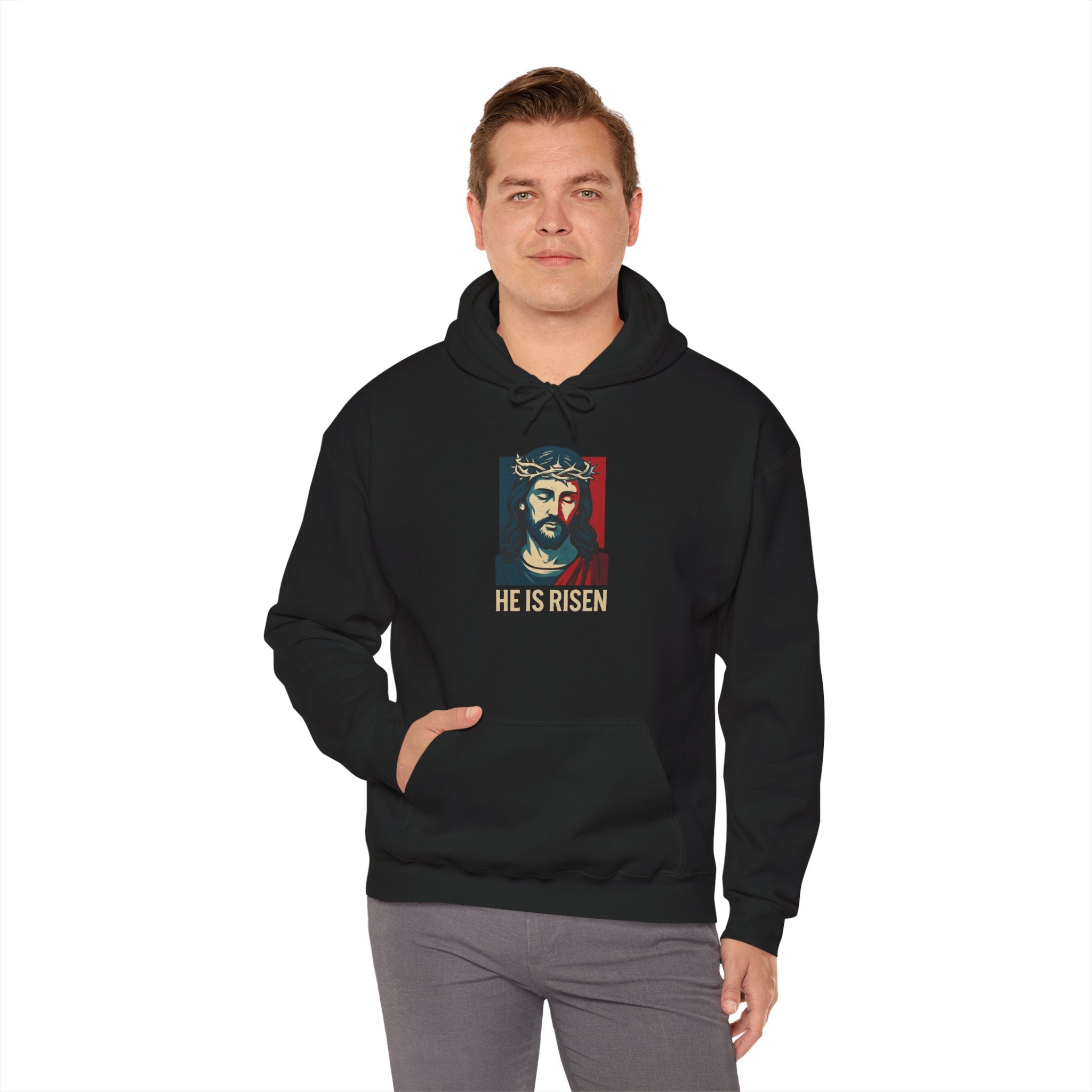 Black He is Risen Christian Hoodie model