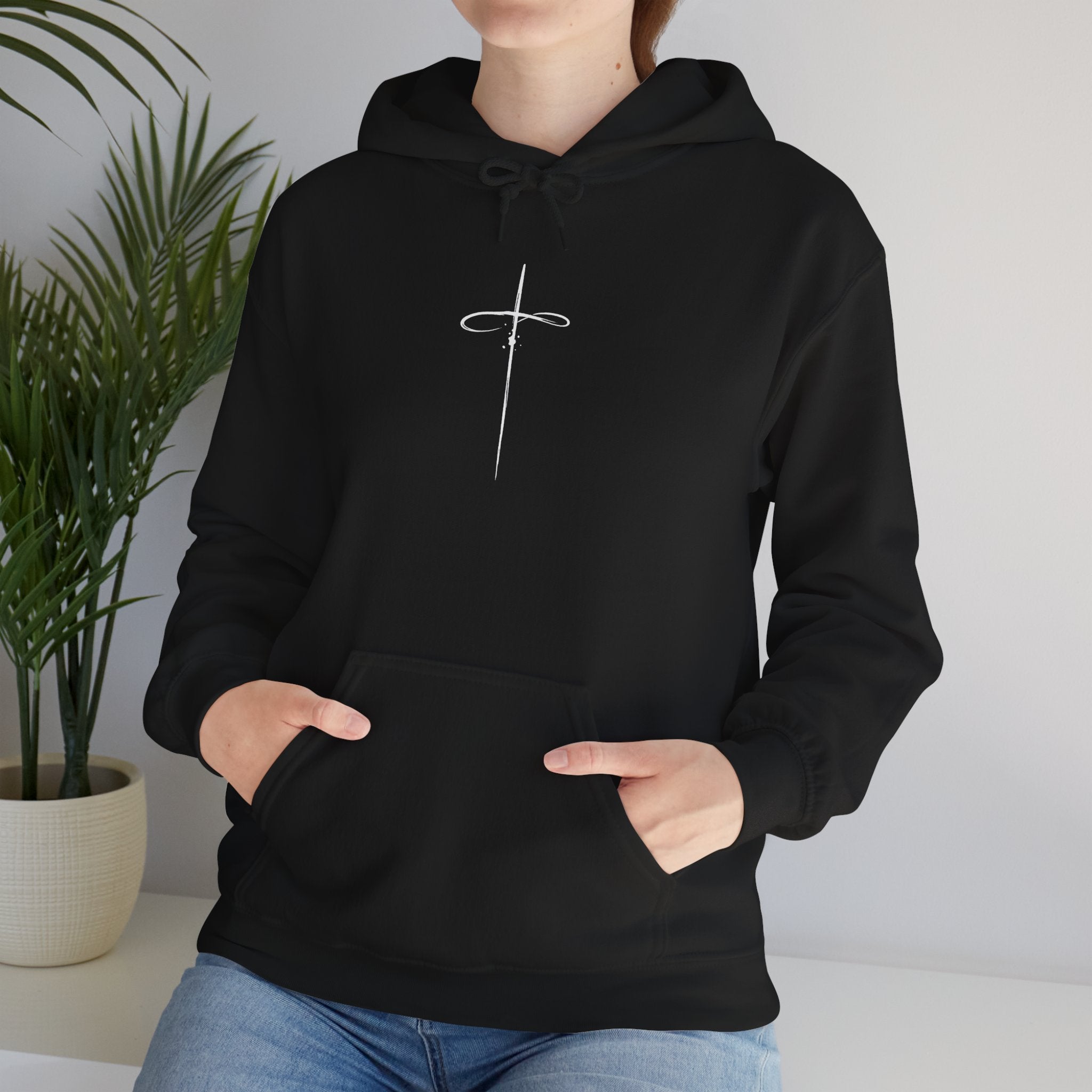 Black Minimalist Cross Hoodie model