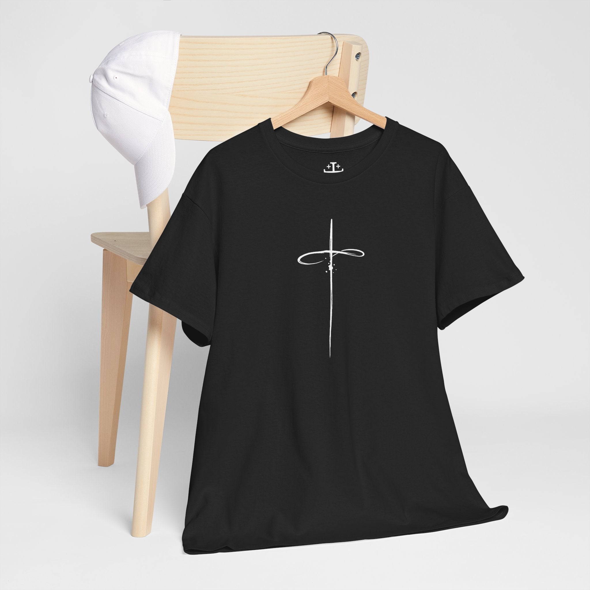 Black Minimalistic Cross Womens Christian TShirt hanging