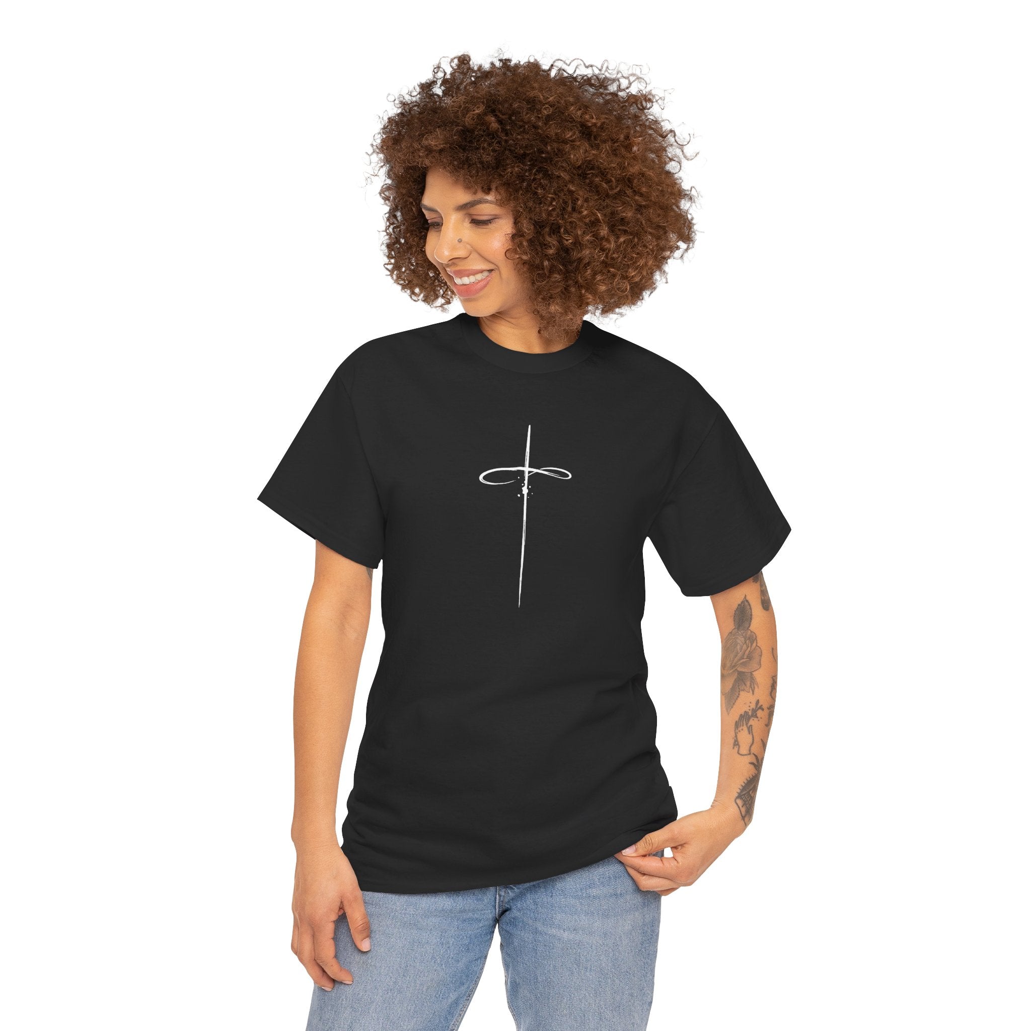 Black Minimalistic Cross Womens Christian TShirt model 1