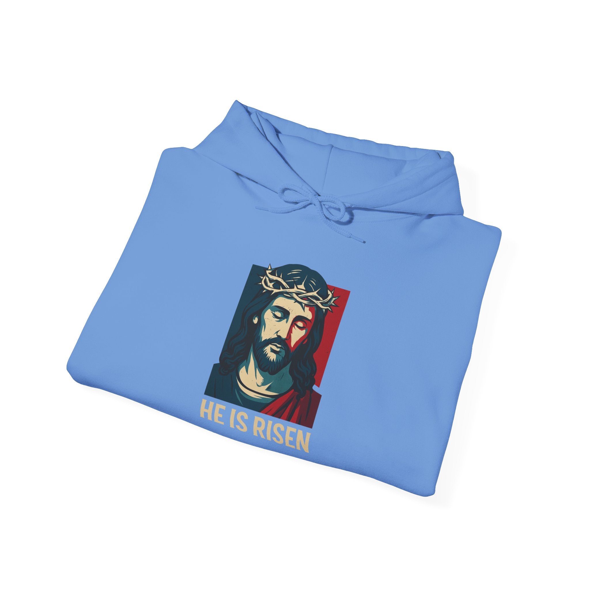 Carolina Blue He is Risen Christian Hoodie folded