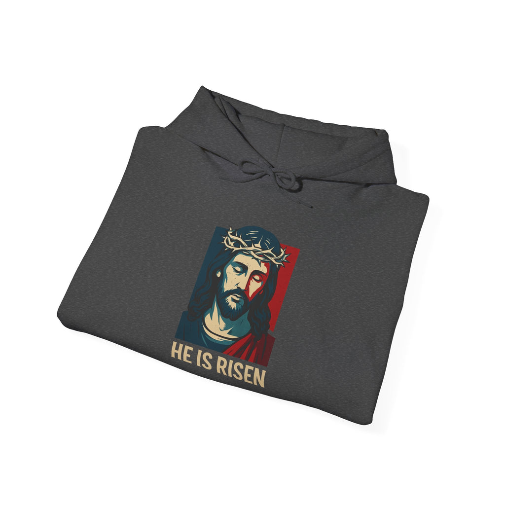 Dark Heather He is Risen Christian Hoodie folded