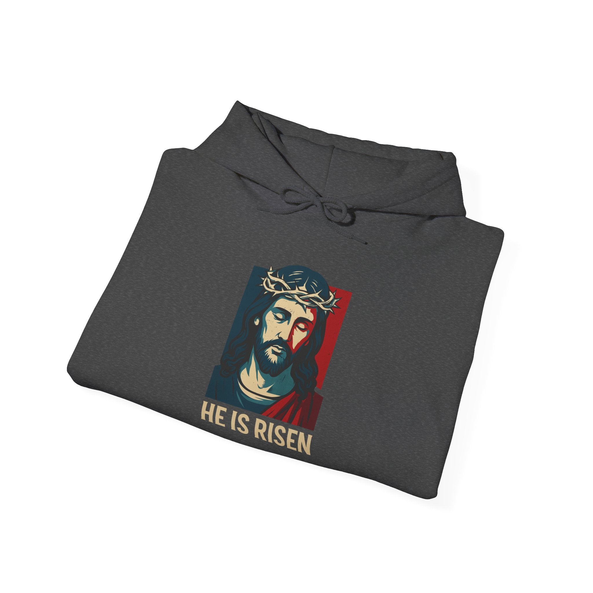 Dark Heather He is Risen Christian Hoodie folded