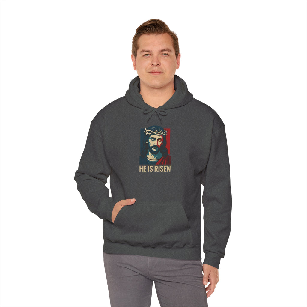 Dark Heather He is Risen Christian Hoodie model