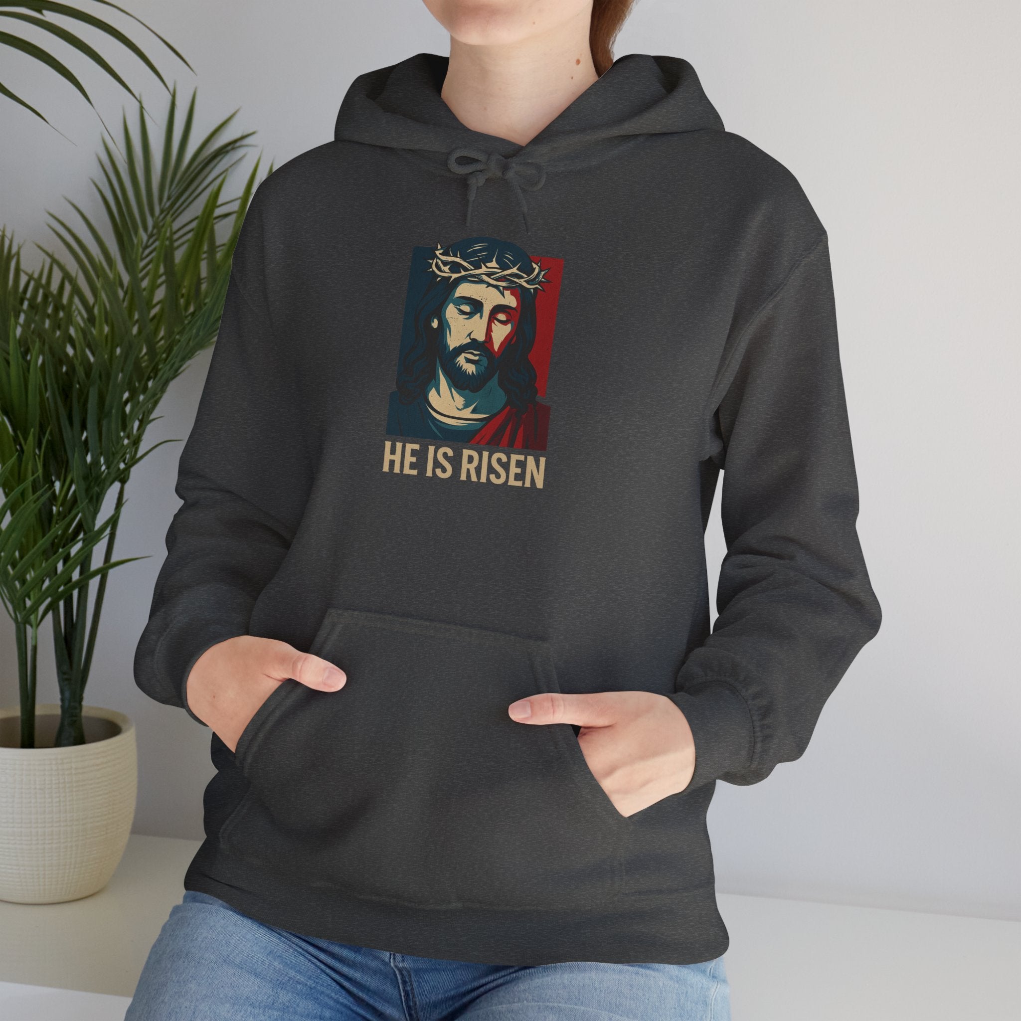 Dark Heather He is Risen Christian Hoodie model 2