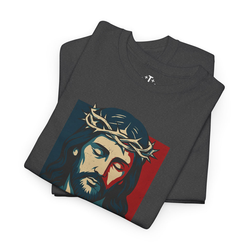 Dark Heather He is Risen Christian Tshirt folded