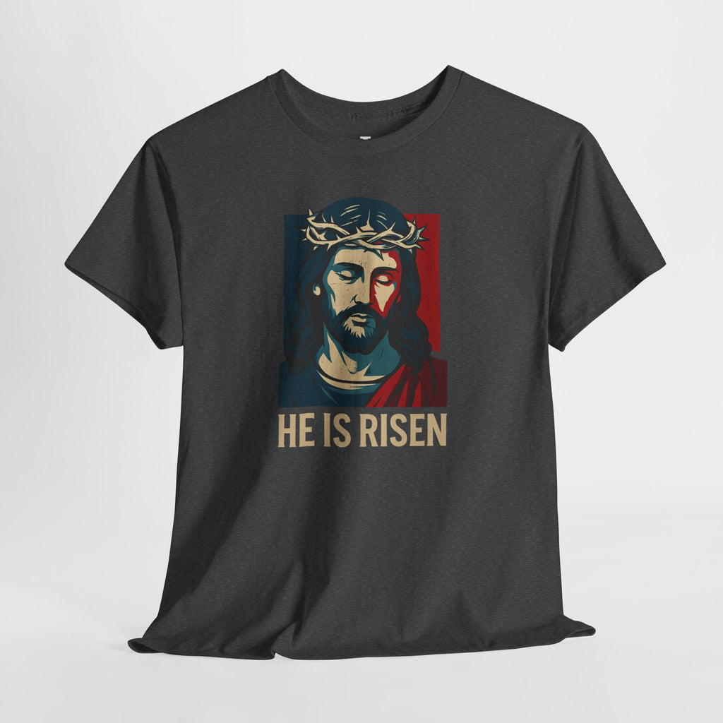 Dark Heather He is Risen Christian Tshirt front