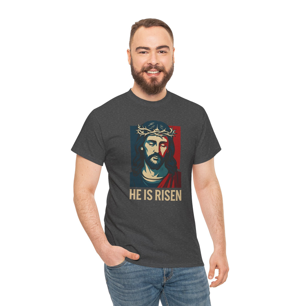 Dark Heather He is Risen Christian Tshirt model