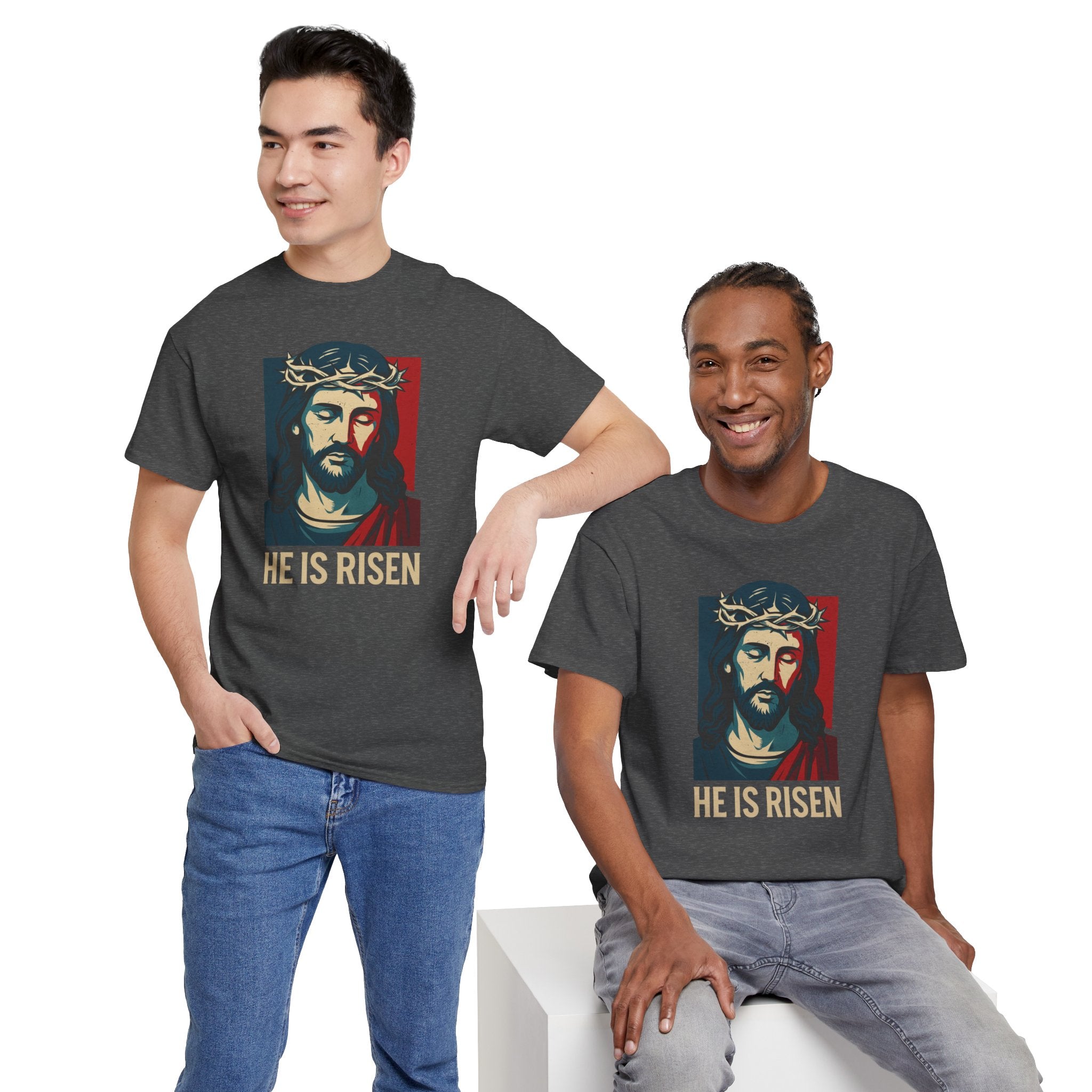Dark Heather He is Risen Christian Tshirt model 2