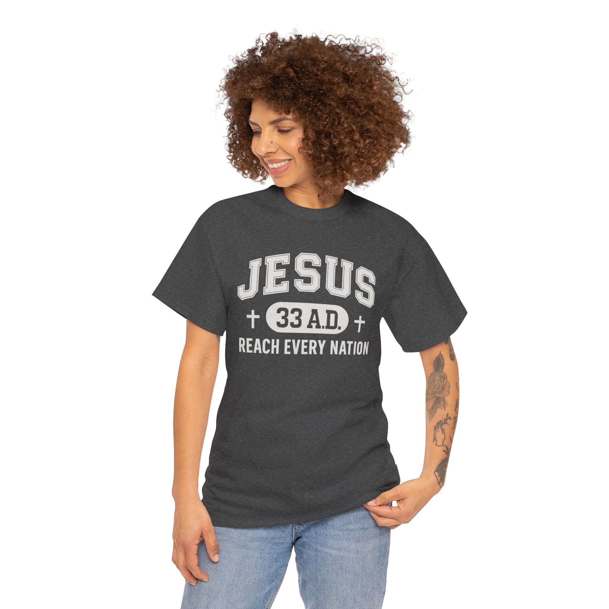 Dark Heather Jesus 33AD Tshirt model 2 