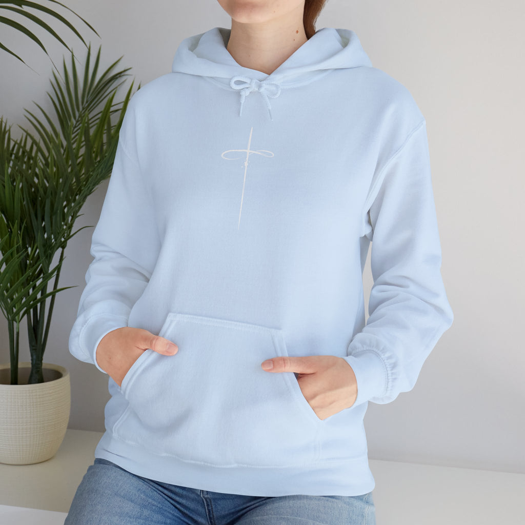 Light Blue Minimalist Cross Hoodie model