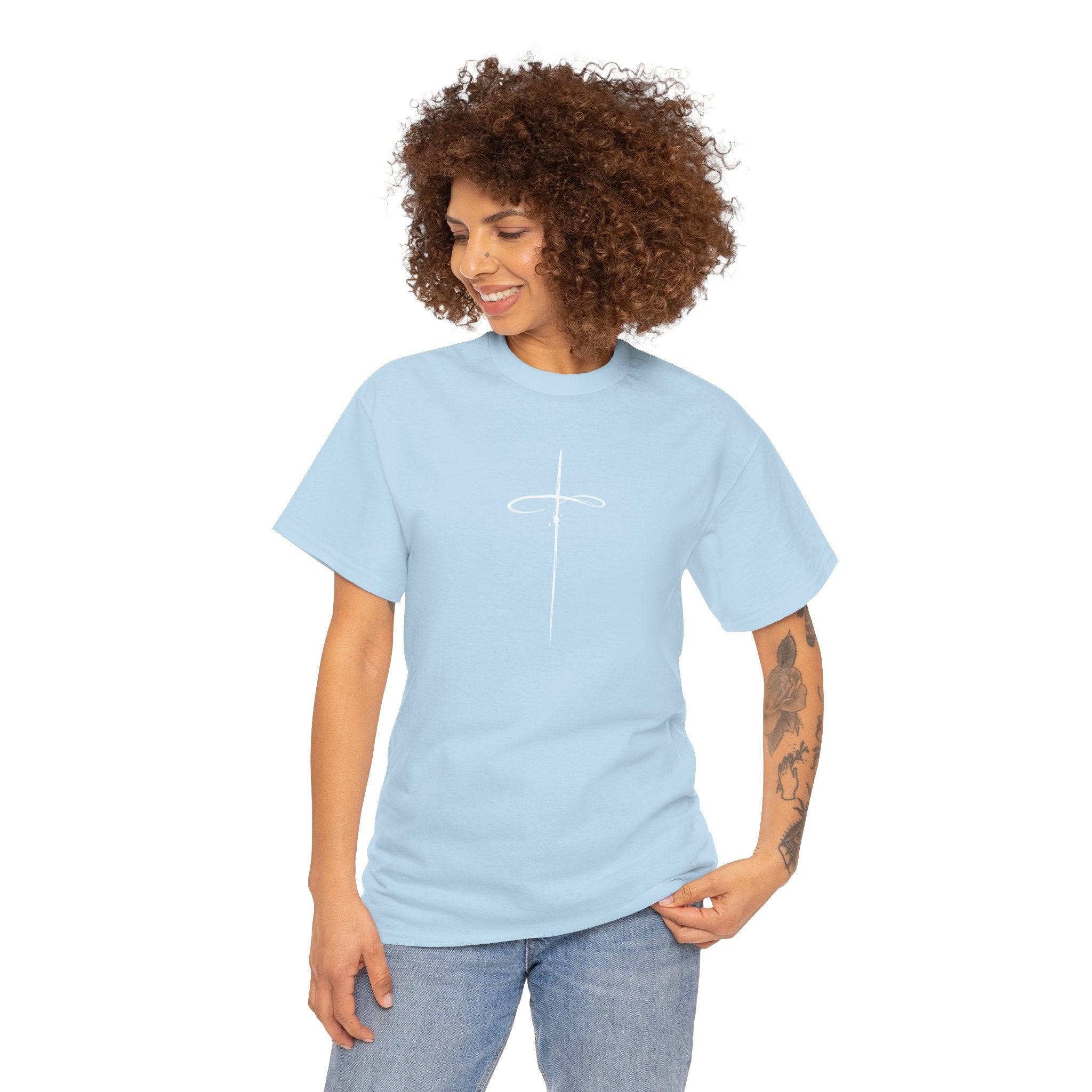 Light Blue Minimalistic Cross Womens Christian TShirt model