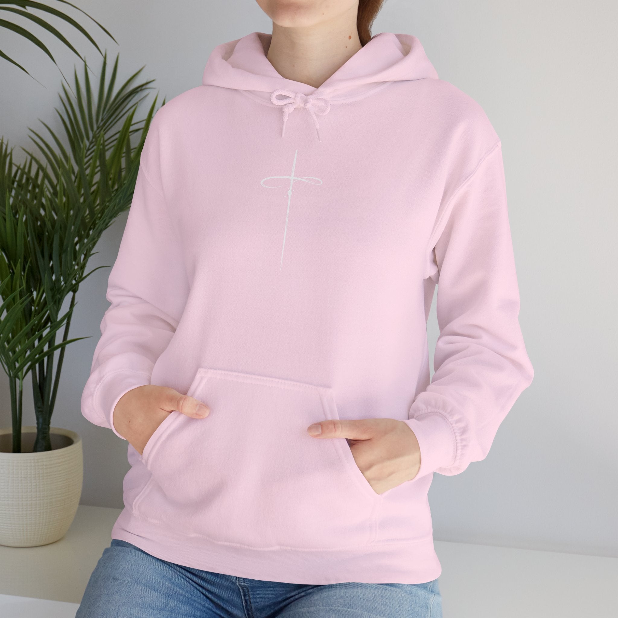 Light Pink Minimalist Cross Hoodie model