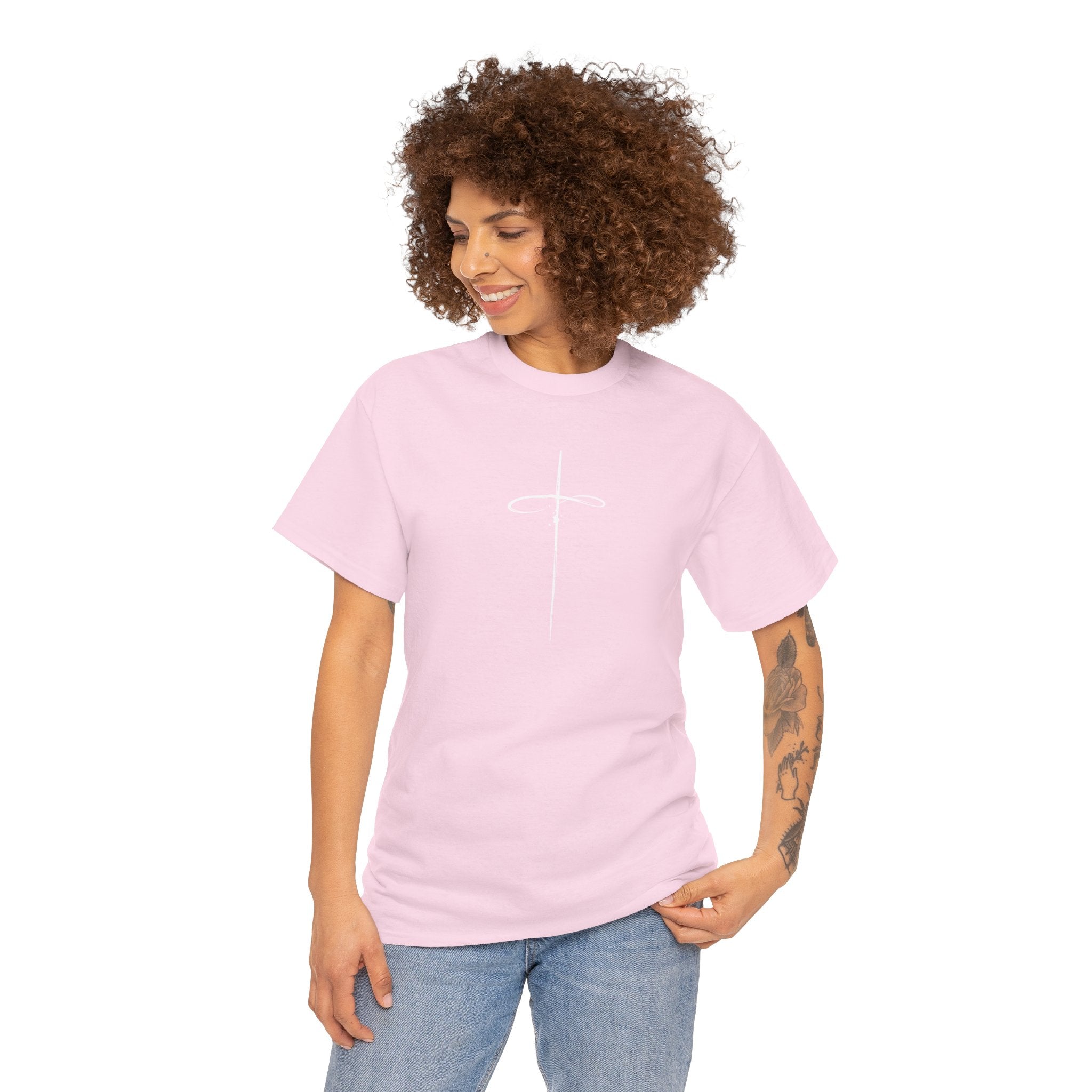 Light Pink Minimalistic Cross Womens Christian TShirt model