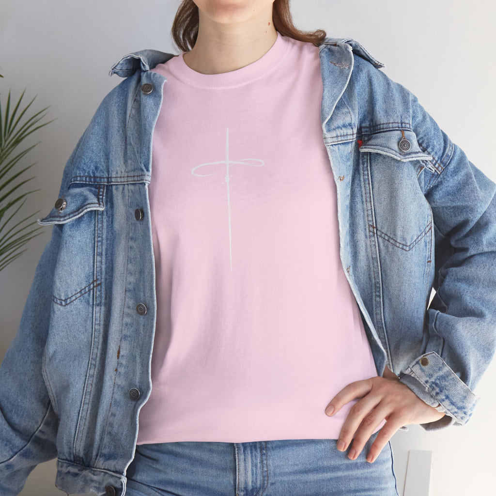 Light Pink Minimalistic Cross Womens Christian TShirt model 2