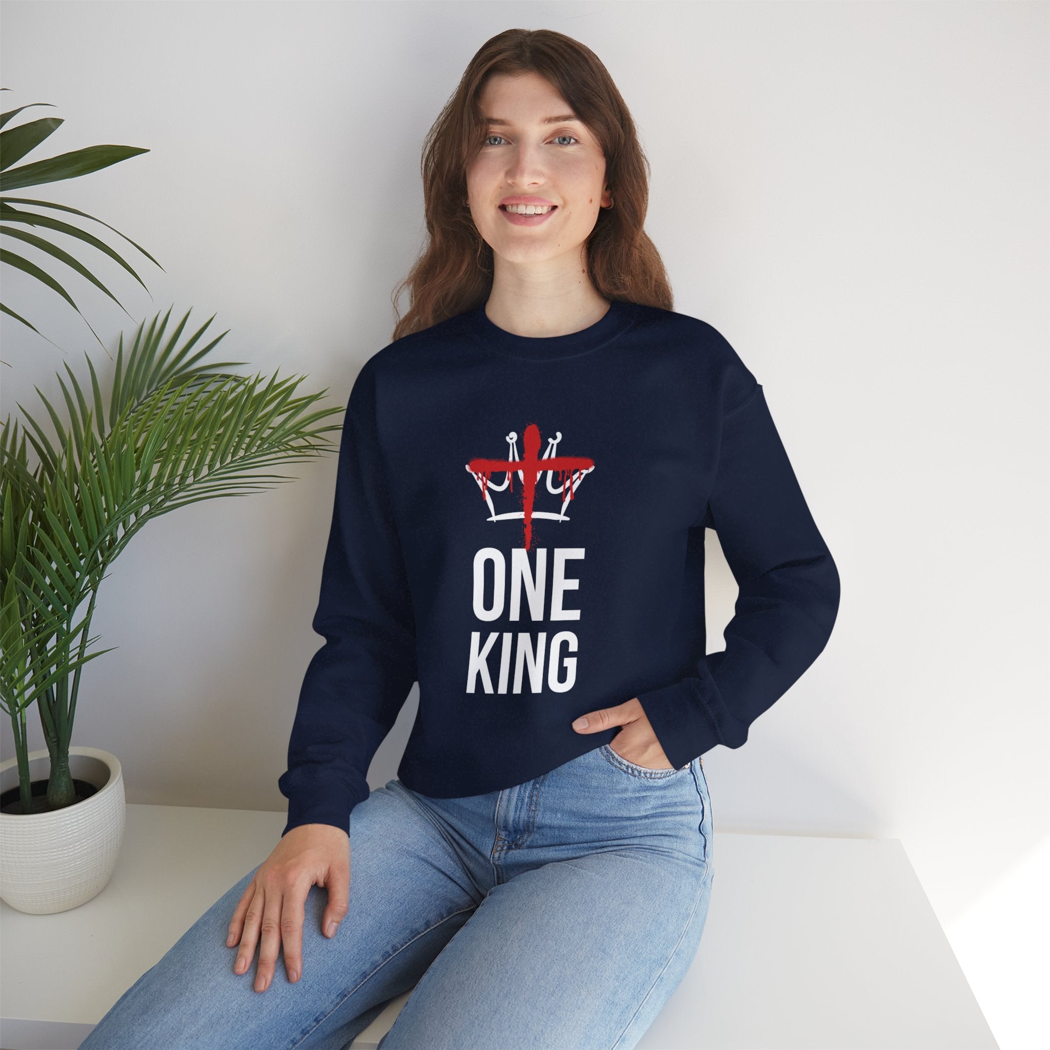 Navy Christ is the One King Christian Crewneck Sweatshirt model 2