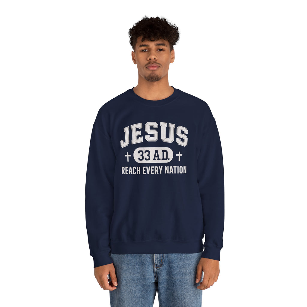 Navy Jesus 33AD Crewneck Sweatshirt model