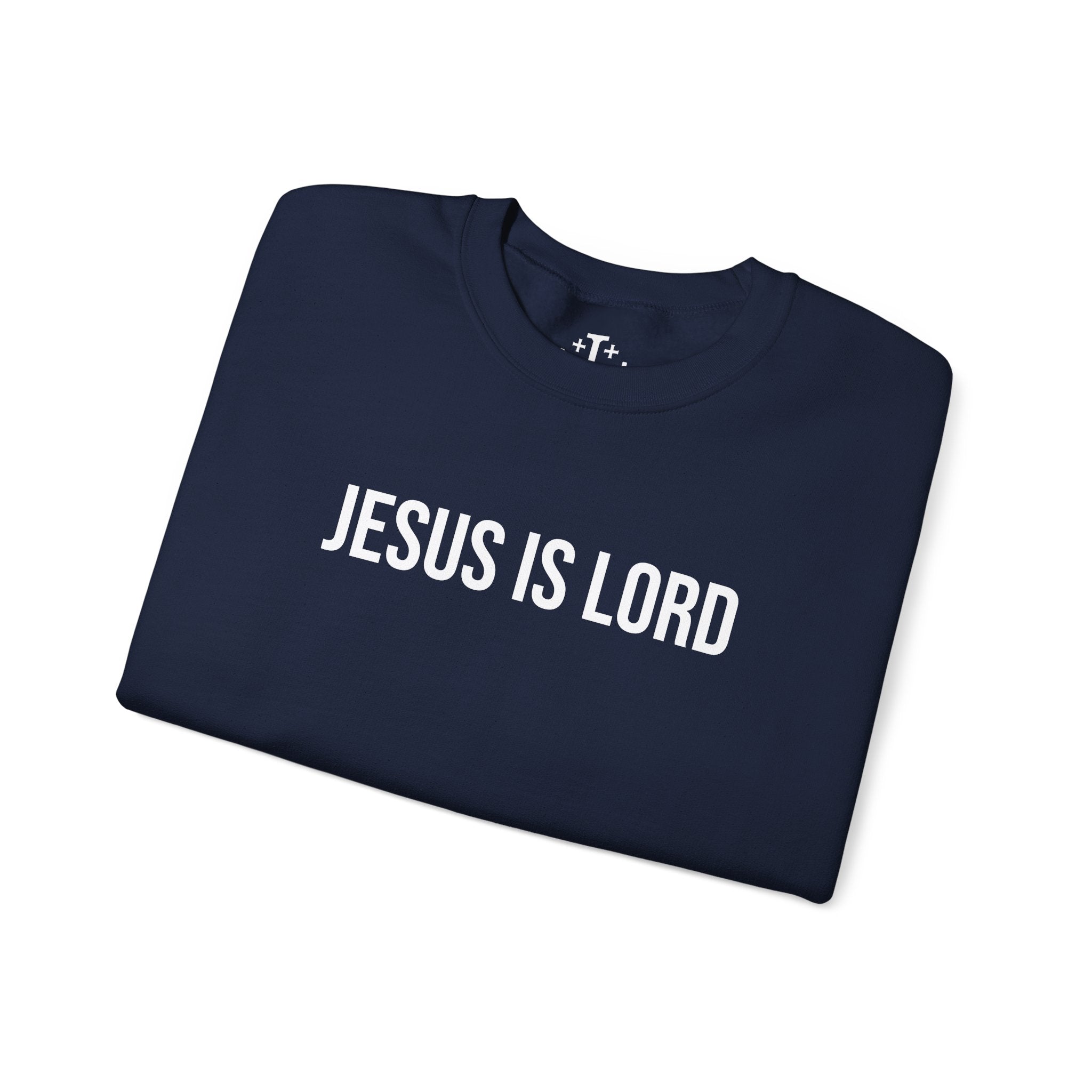 Navy Jesus is Lord Christian Crewneck Sweatshirt folded