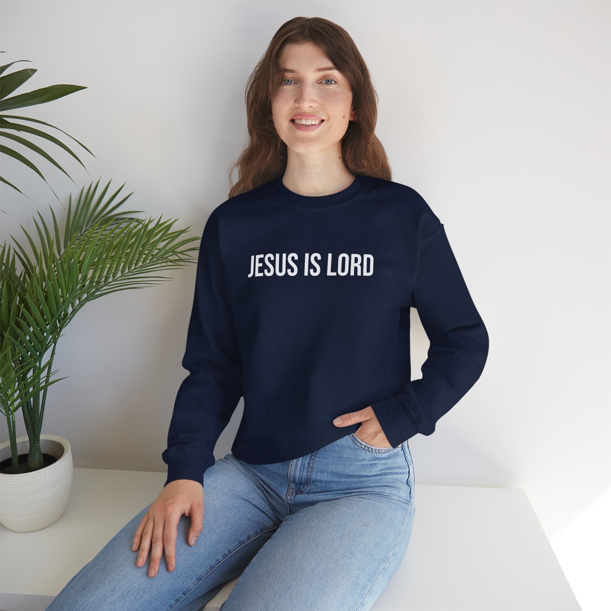 Navy Jesus is Lord Christian Crewneck Sweatshirt model 3