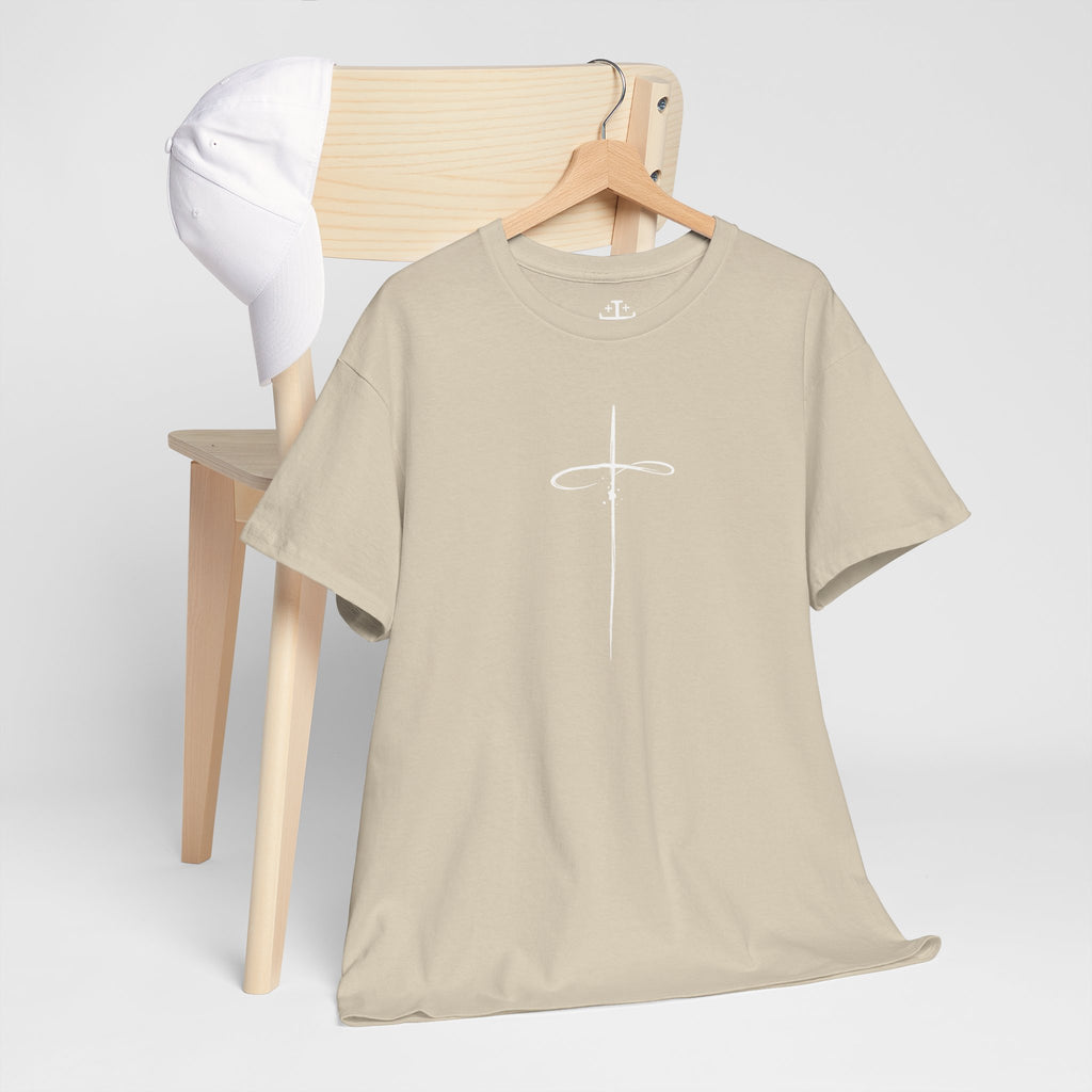 Sand Minimalistic Cross Womens Christian TShirt hanging