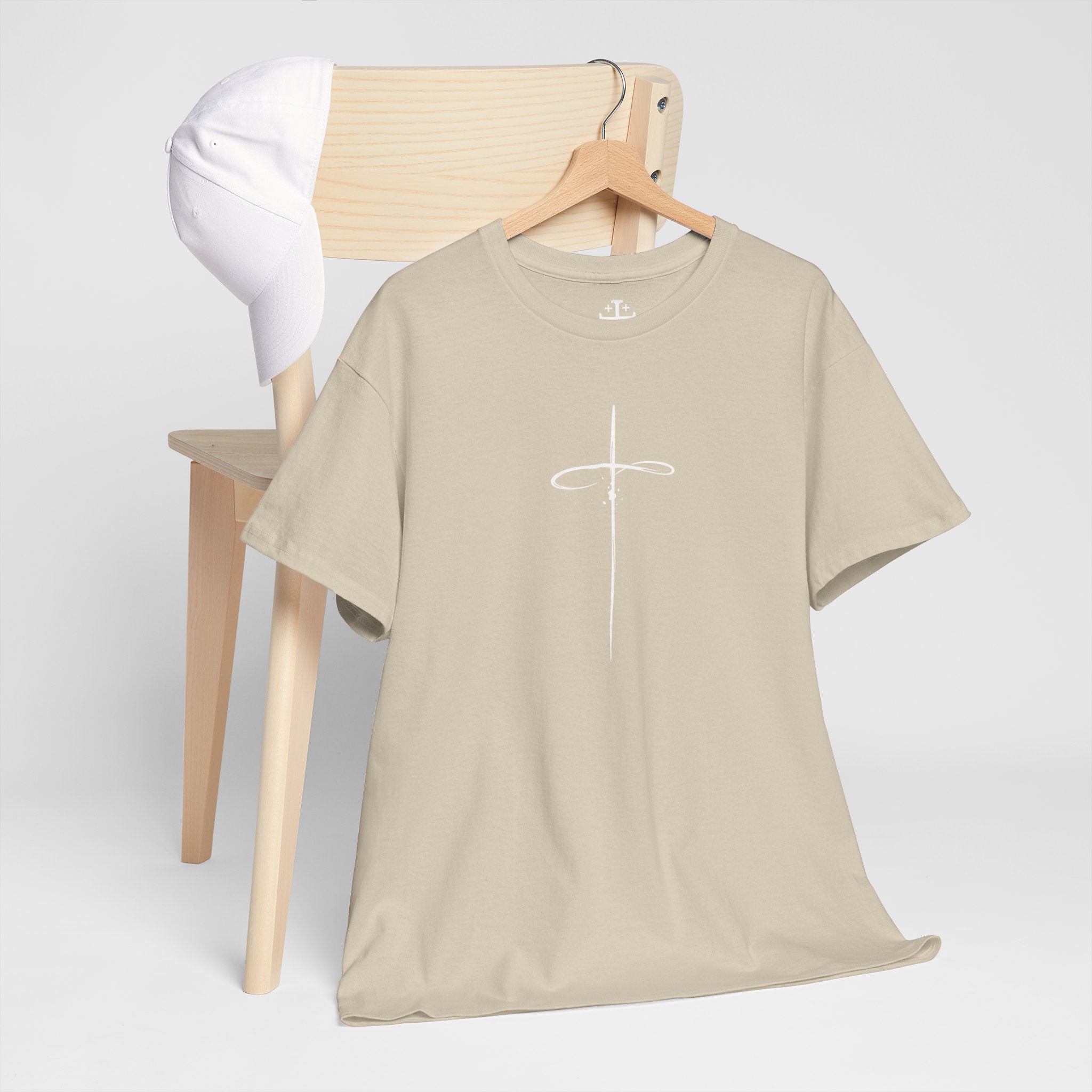 Sand Minimalistic Cross Womens Christian TShirt hanging