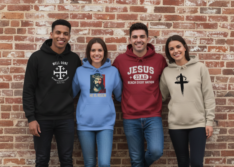 Four people wearing hoodies with various christian hoodie designs against a brick wall.