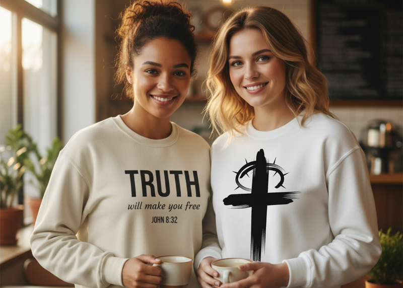 Two women wearing sweatshirts with 'TRUTH will make you free' and a cross design, standing in a cozy indoor setting.